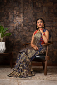 Thumbnail for Vardha Sapphire Blue Golden Zari Kanjeevaram Silk Saree
