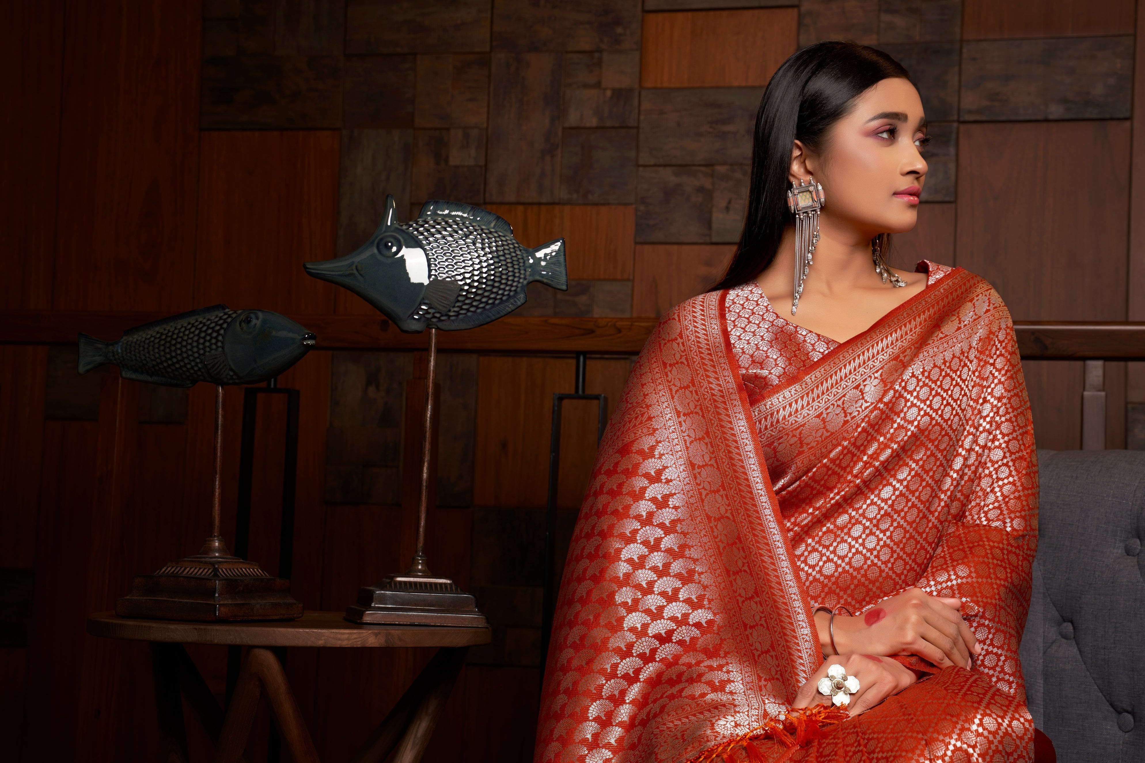 Vardha Candy Red Silver Zari Kanjeevaram Silk Saree