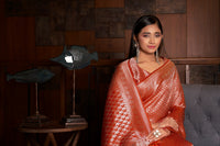 Thumbnail for Vardha Candy Red Silver Zari Kanjeevaram Silk Saree