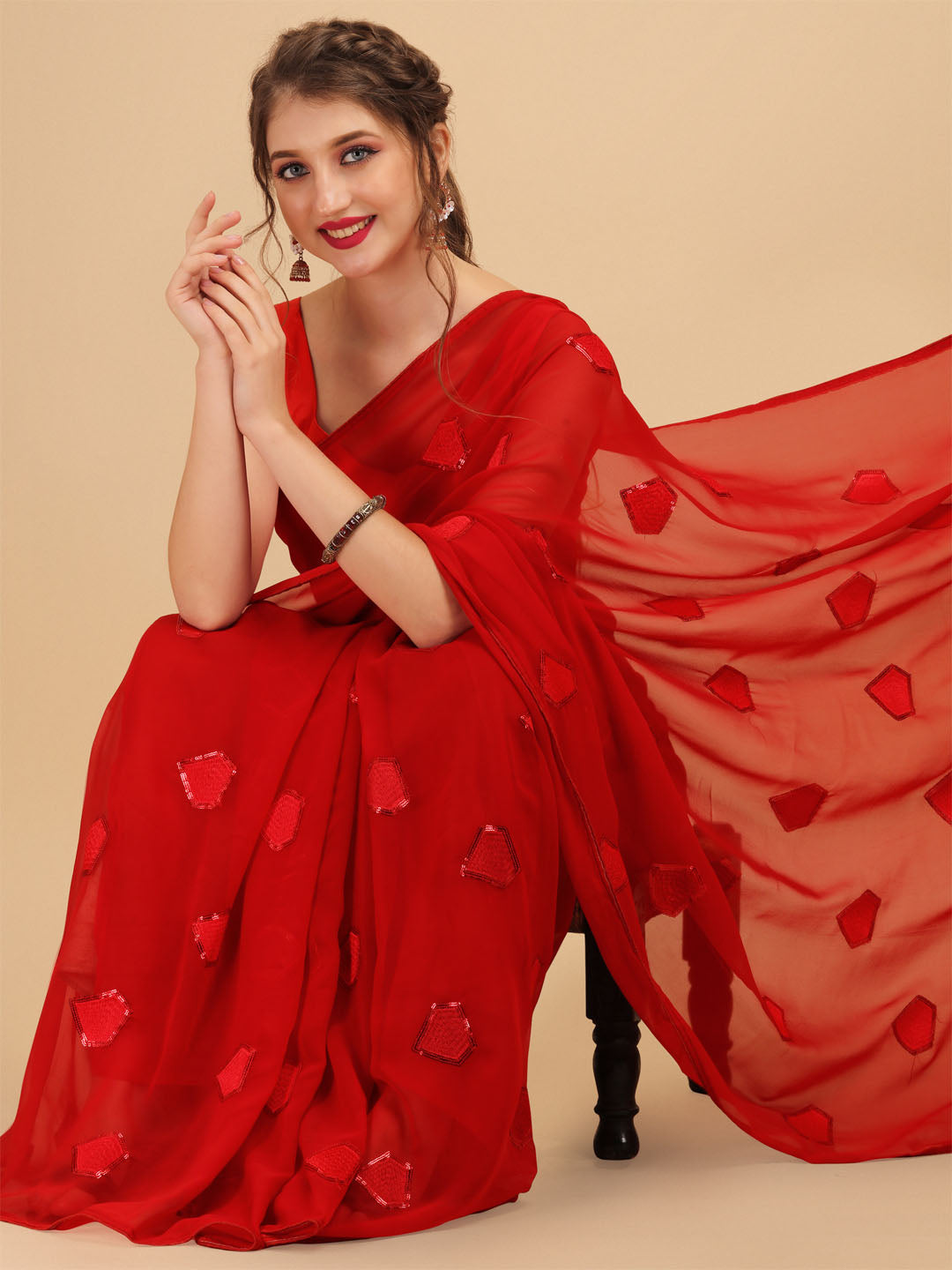 Sangria Red Sequinned Pure Georgette Saree - Distacart