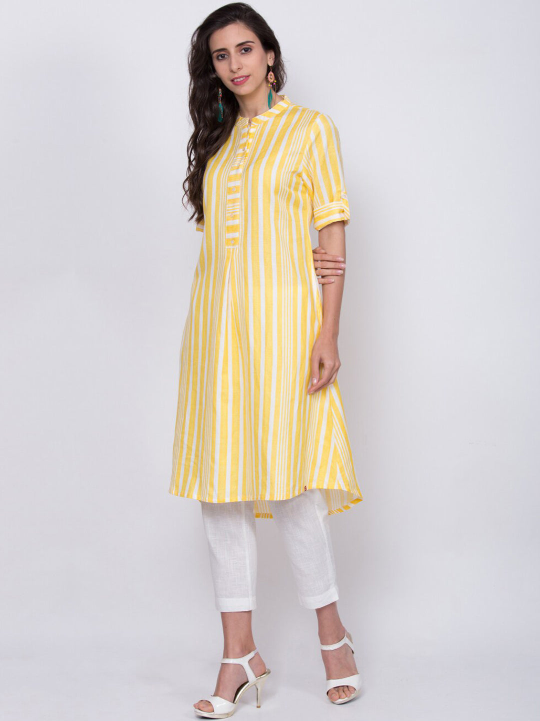 Biba Women Yellow Striped A-Line Kurta - Distacart