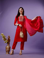 Thumbnail for Kalini Women Red Embroidered Regular Thread Work Kurta with Trousers & With Dupatta - Distacart