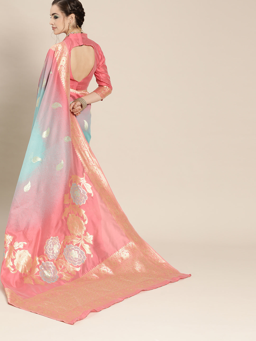 Saree Mall Pink & Blue Floral Dyed Banarasi Saree - Distacart