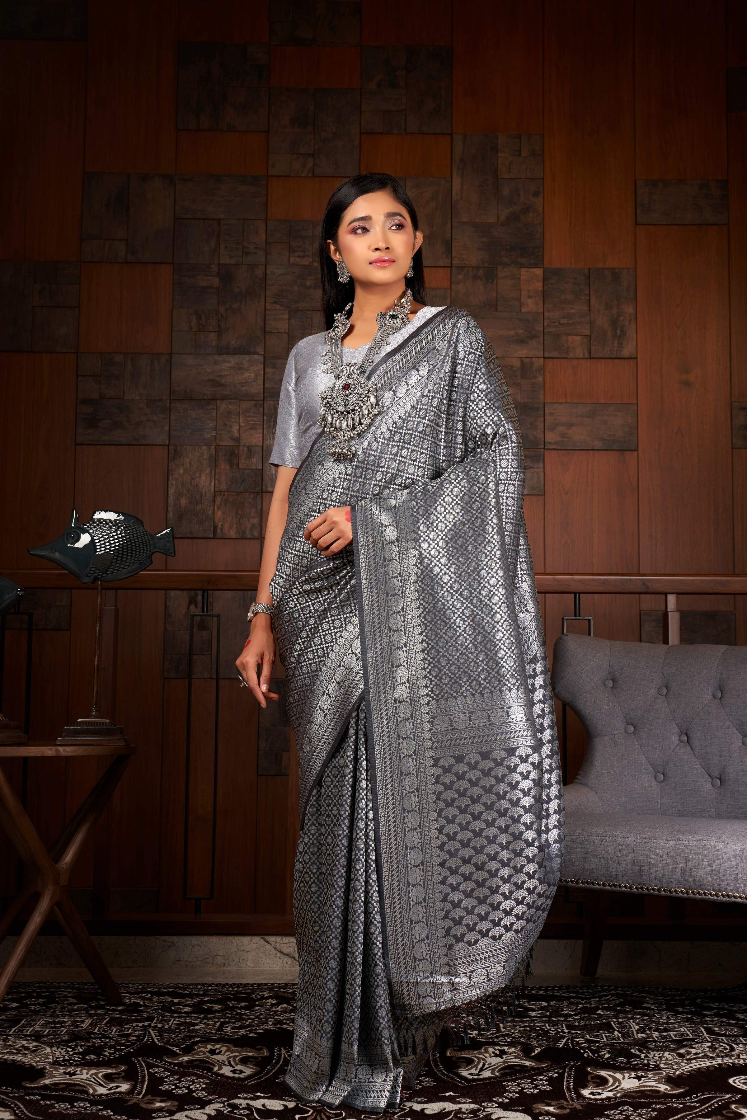 Vardha Platinum Grey Silver Zari Rudrakshas Kanjeevaram Silk Saree