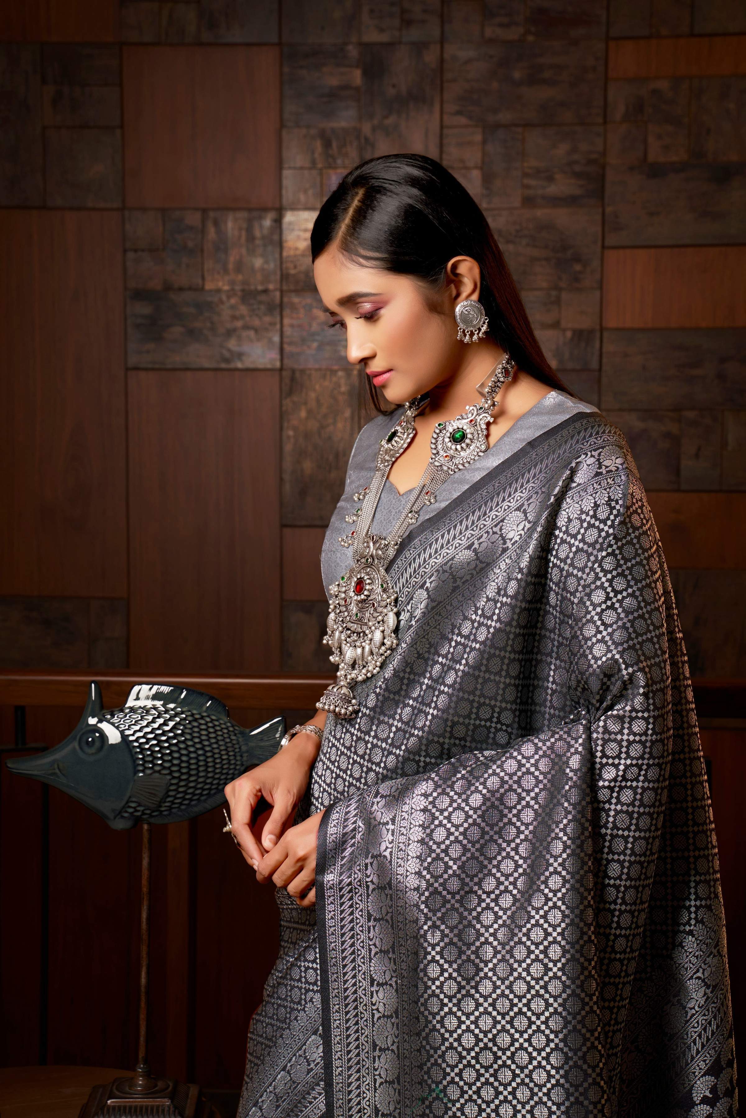 Vardha Platinum Grey Silver Zari Rudrakshas Kanjeevaram Silk Saree