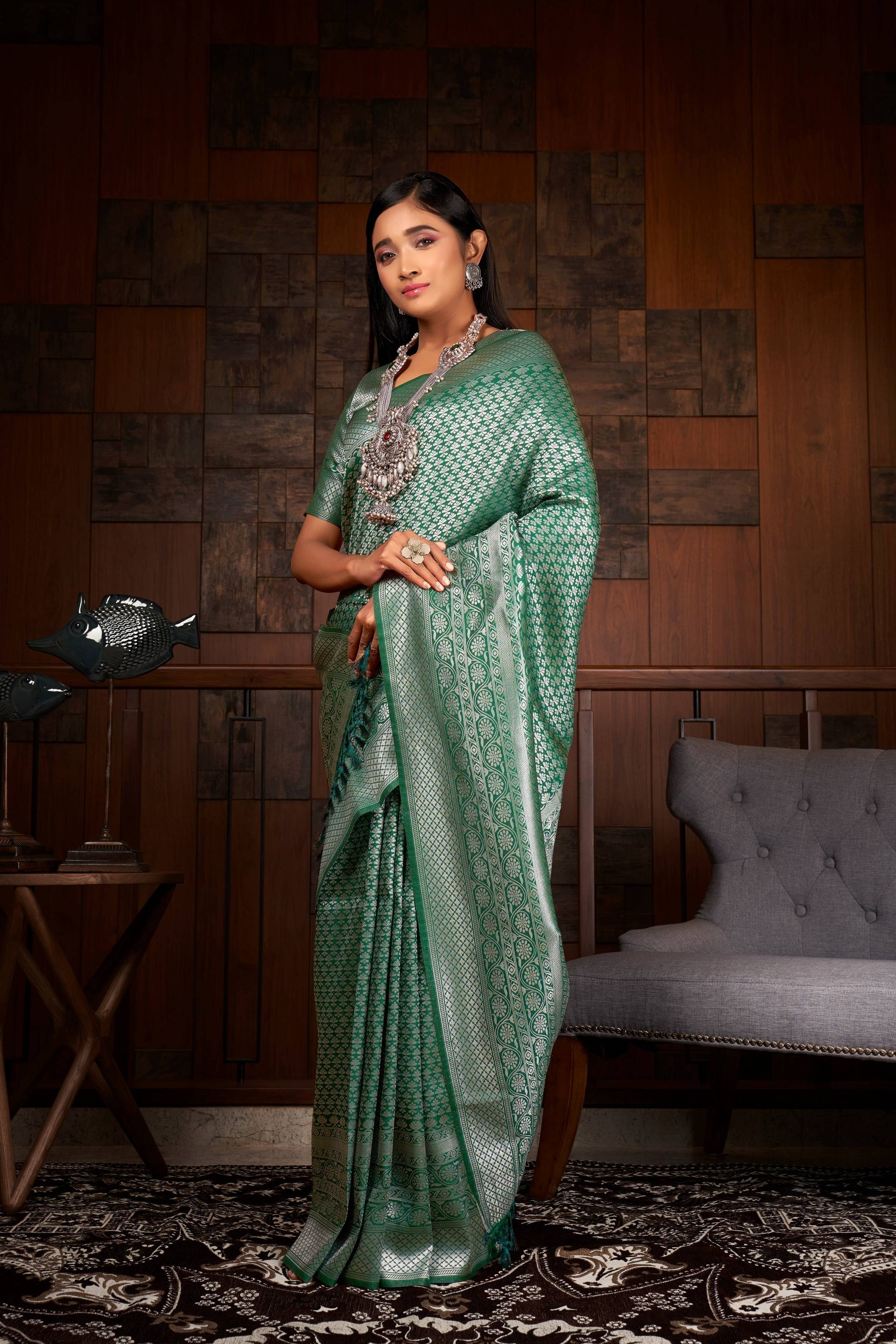 Vardha Teal Green Silver Zari Kanjeevaram Silk Saree