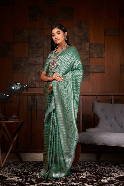 Vardha Teal Green Silver Zari Kanjeevaram Silk Saree