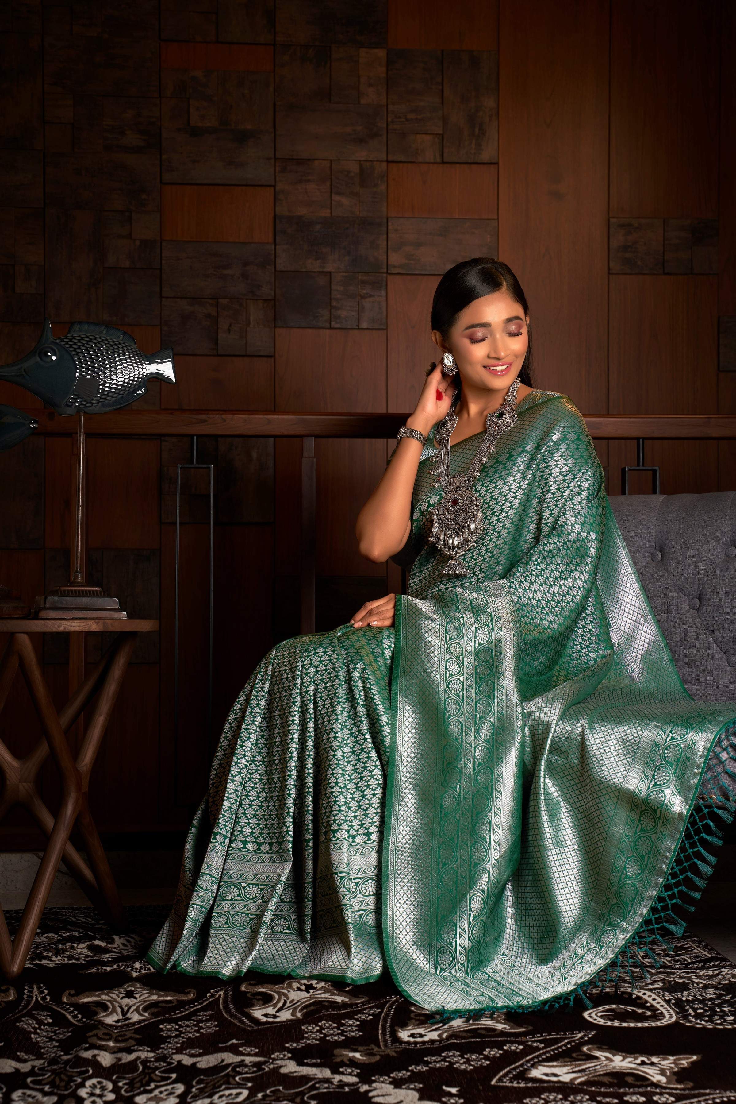 Vardha Teal Green Silver Zari Kanjeevaram Silk Saree