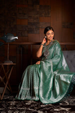 Thumbnail for Vardha Teal Green Silver Zari Kanjeevaram Silk Saree