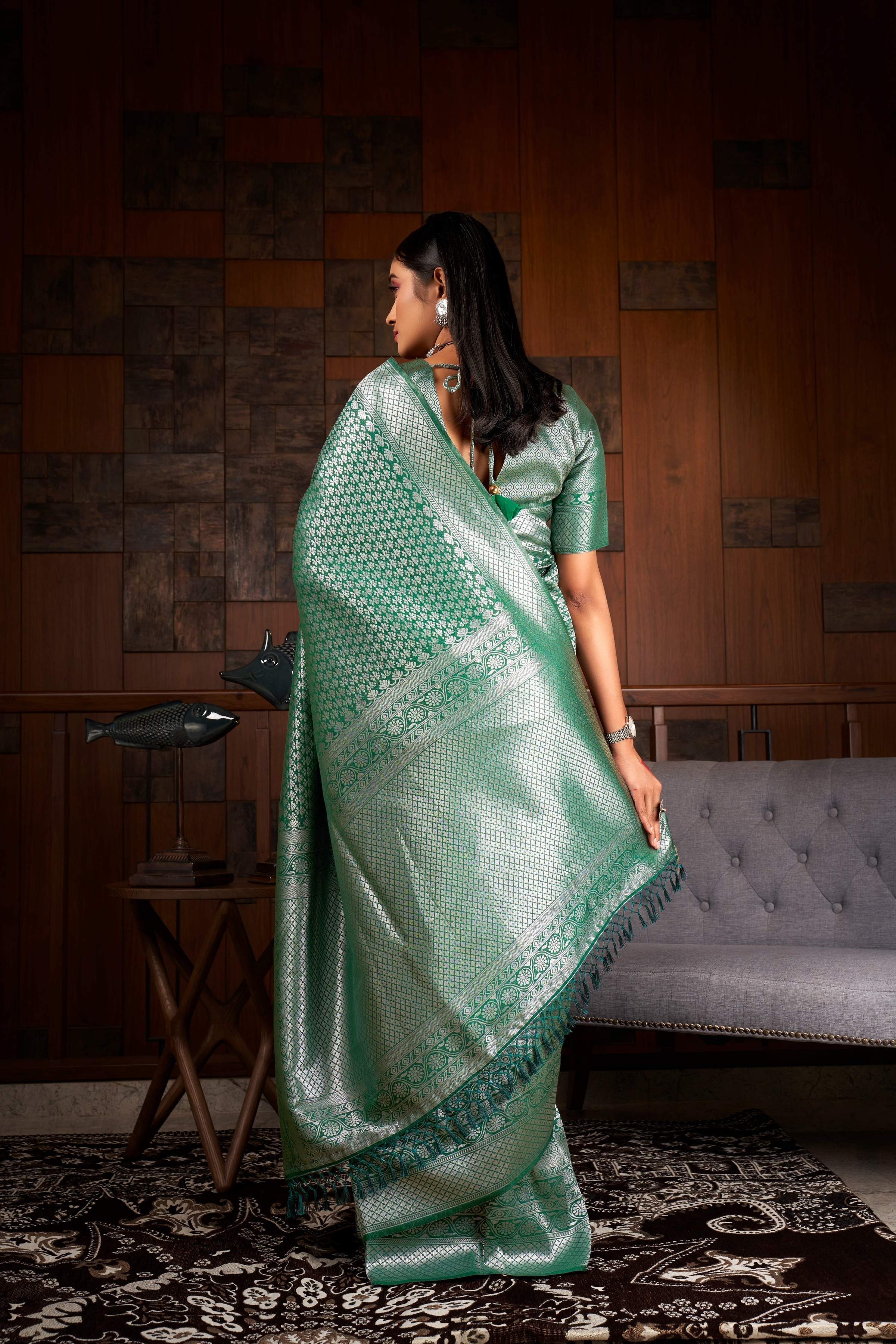 Vardha Teal Green Silver Zari Kanjeevaram Silk Saree
