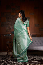 Thumbnail for Vardha Teal Green Silver Zari Kanjeevaram Silk Saree
