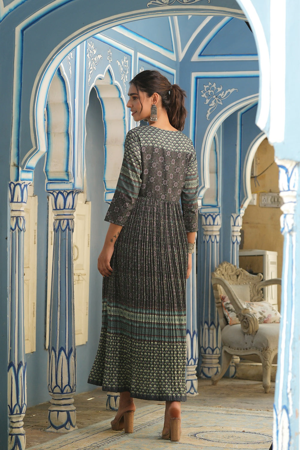 Juniper Bottle Green Muslin Festive Printed Flared Dress For Women - Distacart