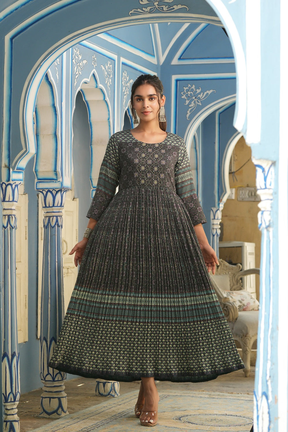 Juniper Bottle Green Muslin Festive Printed Flared Dress For Women - Distacart