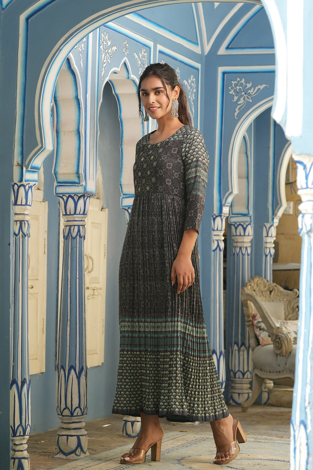 Buy Juniper Bottle Green Muslin Festive Printed Flared Dress For Women Online at Low Price. Buy Juniper Bottle Green Muslin Festive Printed Flared Dress For Women Online at Low Price.