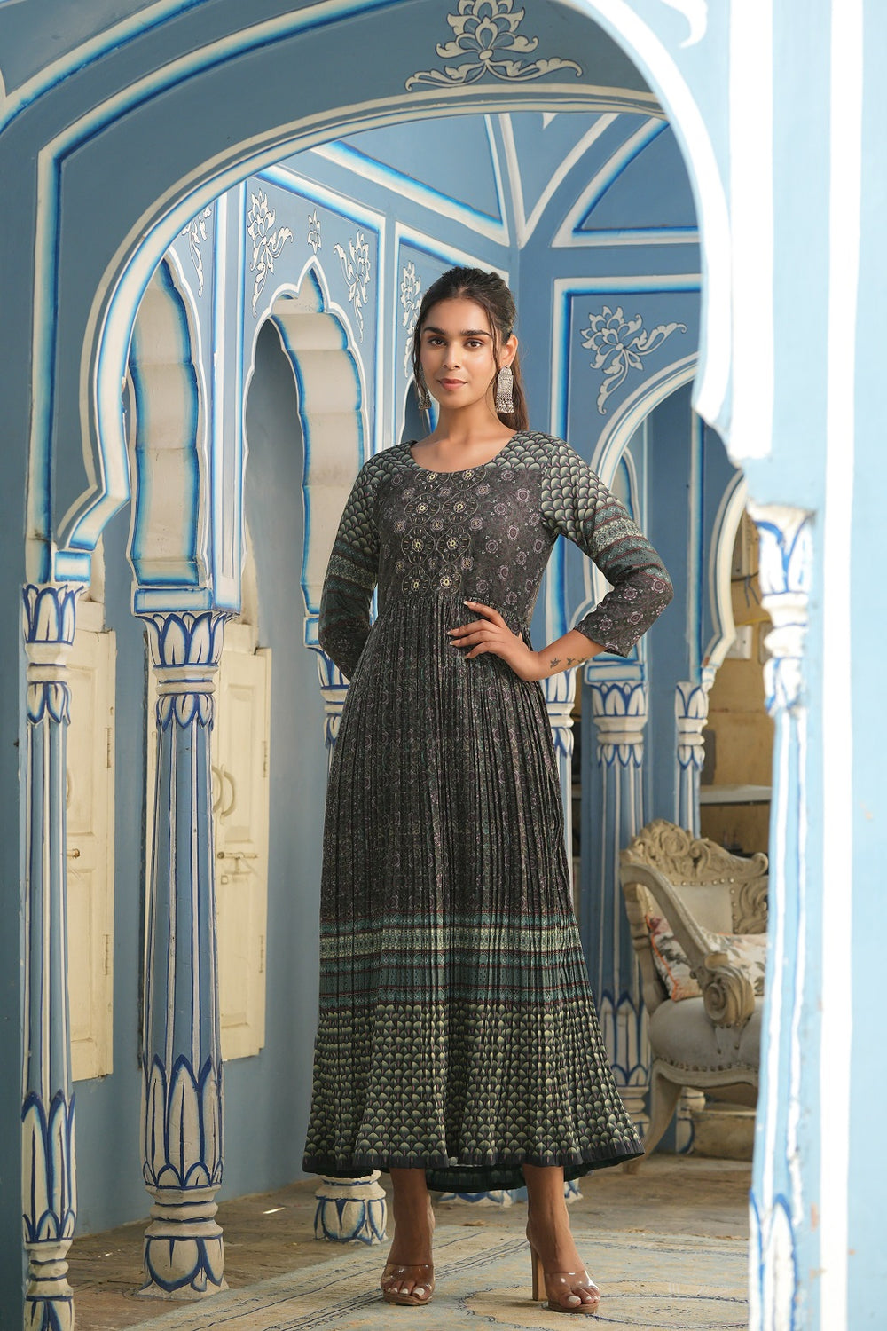 Juniper Bottle Green Muslin Festive Printed Flared Dress For Women - Distacart