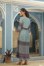 Thumbnail for Juniper Sky Blue Muslin Festive Printed Flared Dress For Women - Distacart