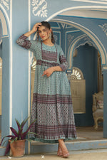 Thumbnail for Juniper Sky Blue Muslin Festive Printed Flared Dress For Women - Distacart