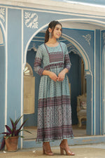 Thumbnail for Juniper Sky Blue Muslin Festive Printed Flared Dress For Women - Distacart