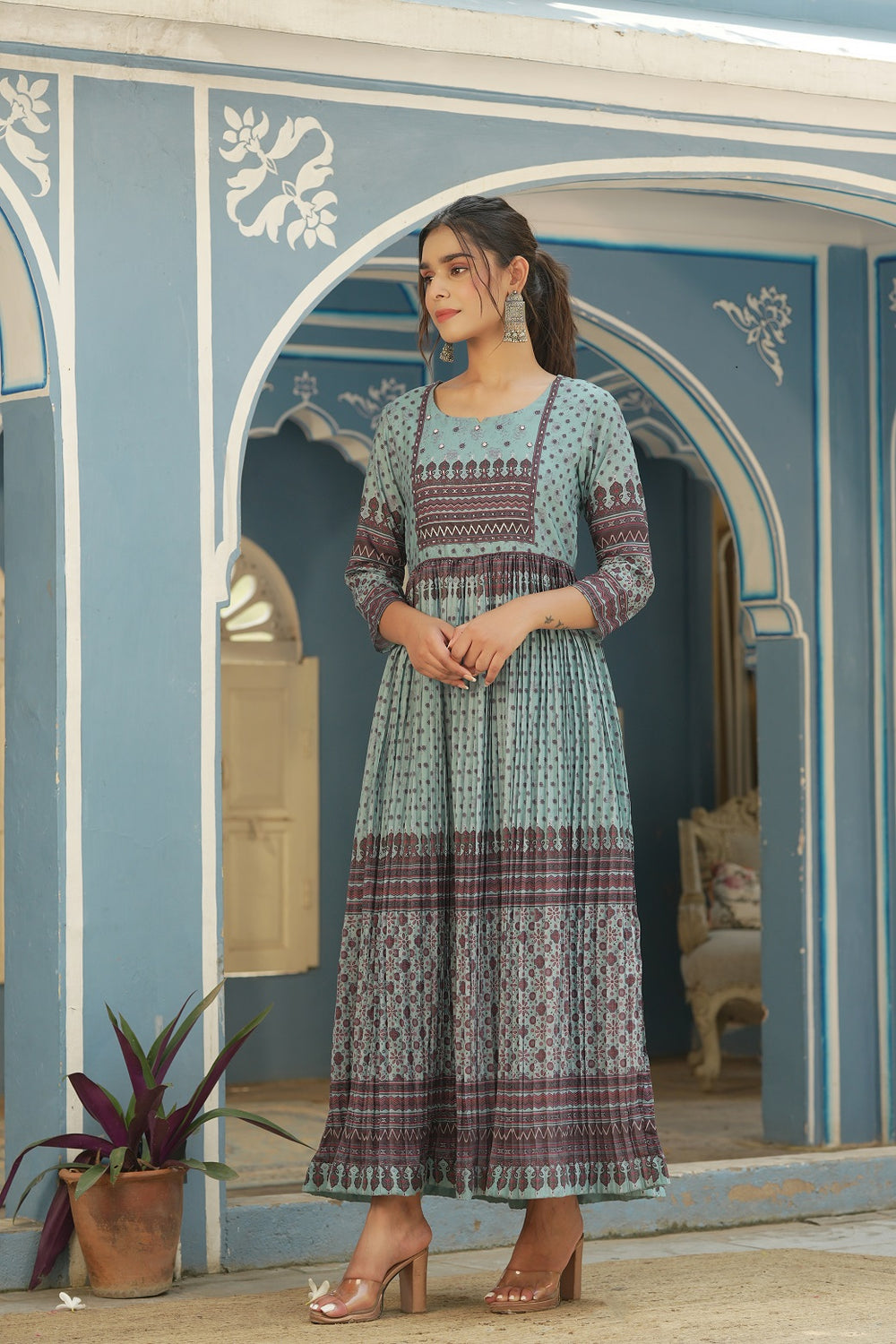Juniper Sky Blue Muslin Festive Printed Flared Dress For Women - Distacart