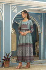 Thumbnail for Juniper Sky Blue Muslin Festive Printed Flared Dress For Women - Distacart