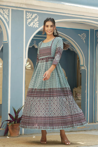 Juniper Sky Blue Muslin Festive Printed Flared Dress For Women - Distacart