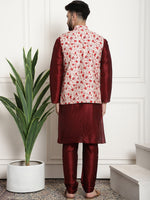 Thumbnail for Sojanya Men Maroon & Beige Self Design Kurta with Churidar & Nehru Jacket - Distacart