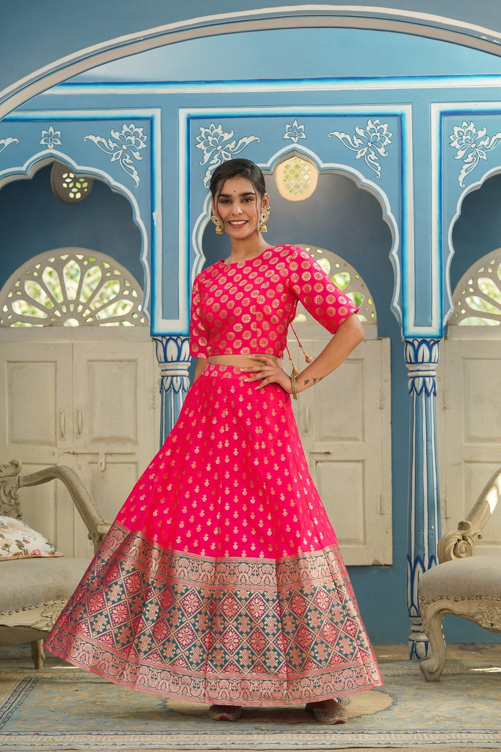 Juniper Women's Fuschia Printed Brocade Festive Wear Lehenga Choli Sets - Distacart