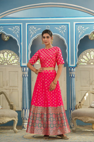 Juniper Women's Fuschia Printed Brocade Festive Wear Lehenga Choli Sets - Distacart