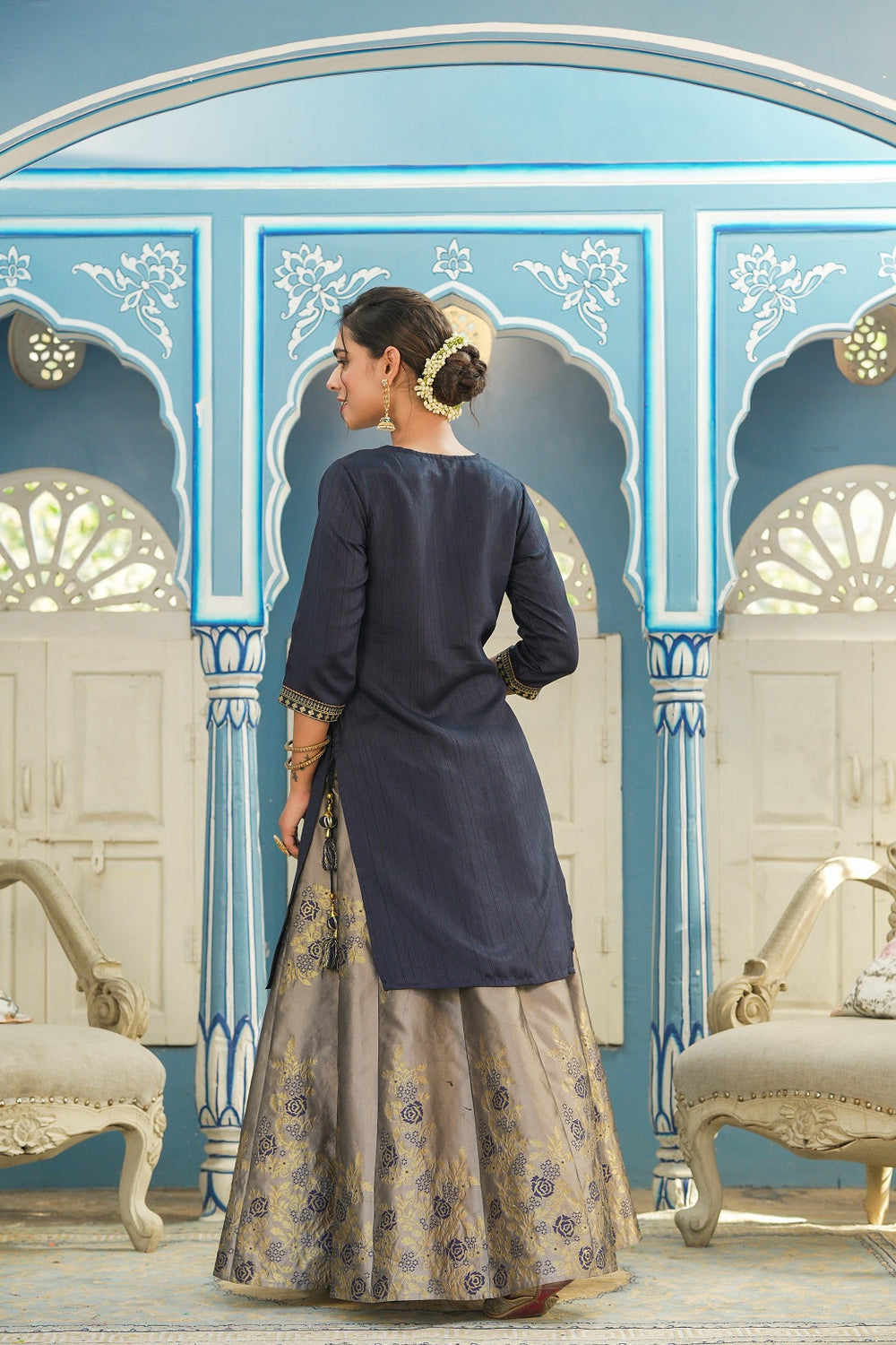 Juniper Women's Blue Solid Kurta Printed Brocade Skirt Festive Wear Lehenga Choli Sets - Distacart