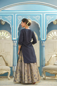 Thumbnail for Juniper Women's Blue Solid Kurta Printed Brocade Skirt Festive Wear Lehenga Choli Sets - Distacart