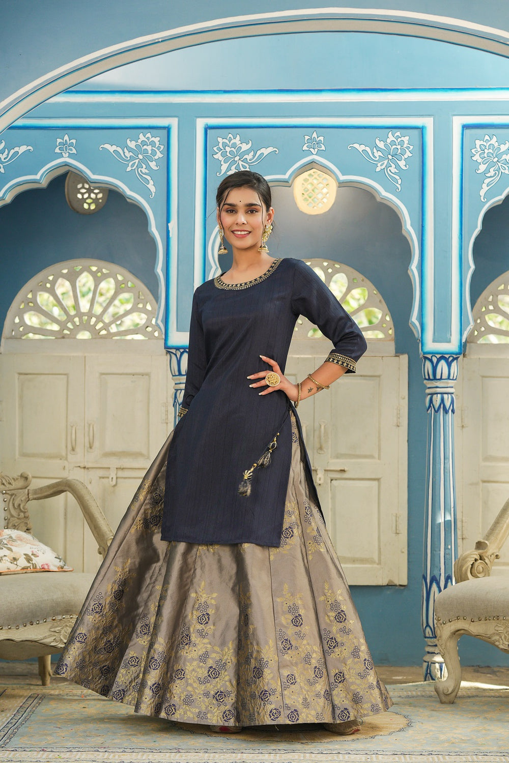 Buy Juniper Women's Blue Solid Kurta Printed Brocade Skirt Festive Wear  Lehenga Choli Sets Online at Best Price