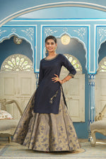 Thumbnail for Juniper Women's Blue Solid Kurta Printed Brocade Skirt Festive Wear Lehenga Choli Sets - Distacart