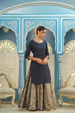 Thumbnail for Juniper Women's Blue Solid Kurta Printed Brocade Skirt Festive Wear Lehenga Choli Sets - Distacart