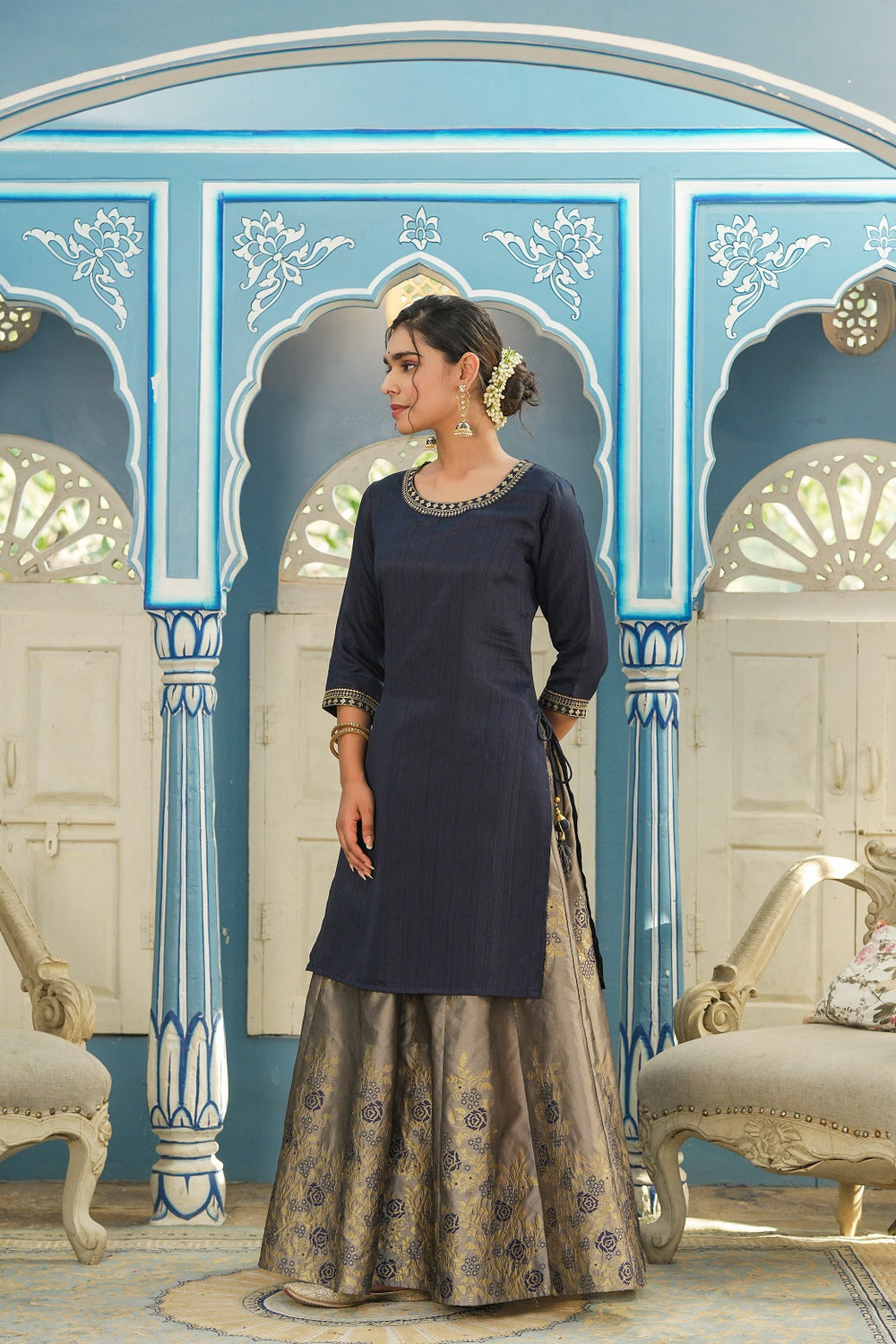 Juniper Women's Blue Solid Kurta Printed Brocade Skirt Festive Wear Lehenga Choli Sets - Distacart