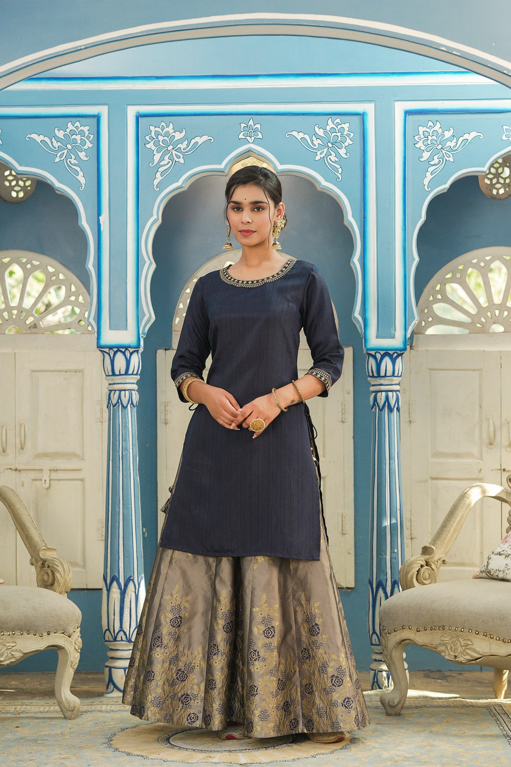 Juniper Women's Blue Solid Kurta Printed Brocade Skirt Festive Wear Lehenga Choli Sets - Distacart