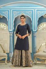 Thumbnail for Juniper Women's Blue Solid Kurta Printed Brocade Skirt Festive Wear Lehenga Choli Sets - Distacart