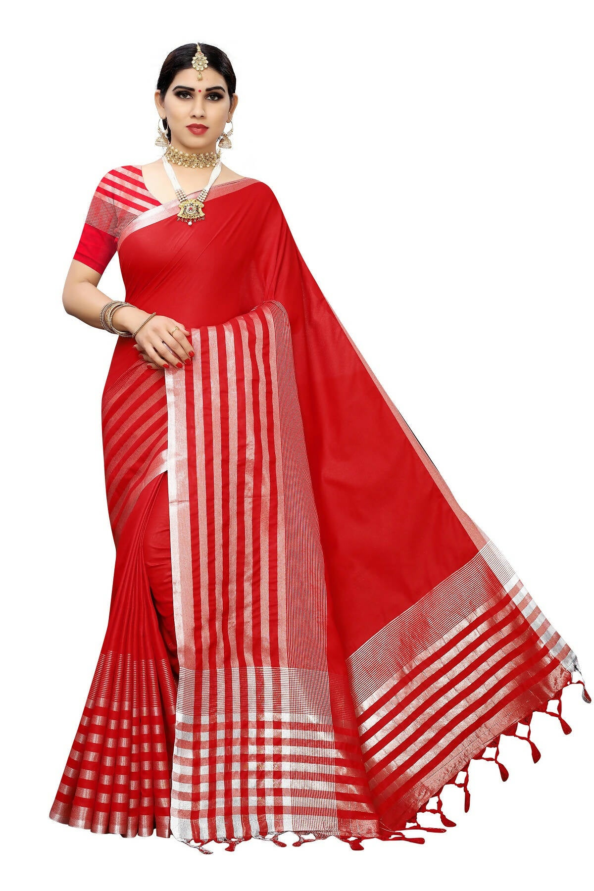 Vamika Red Cotton Silk Weaving Saree (Twitter Red) - Distacart