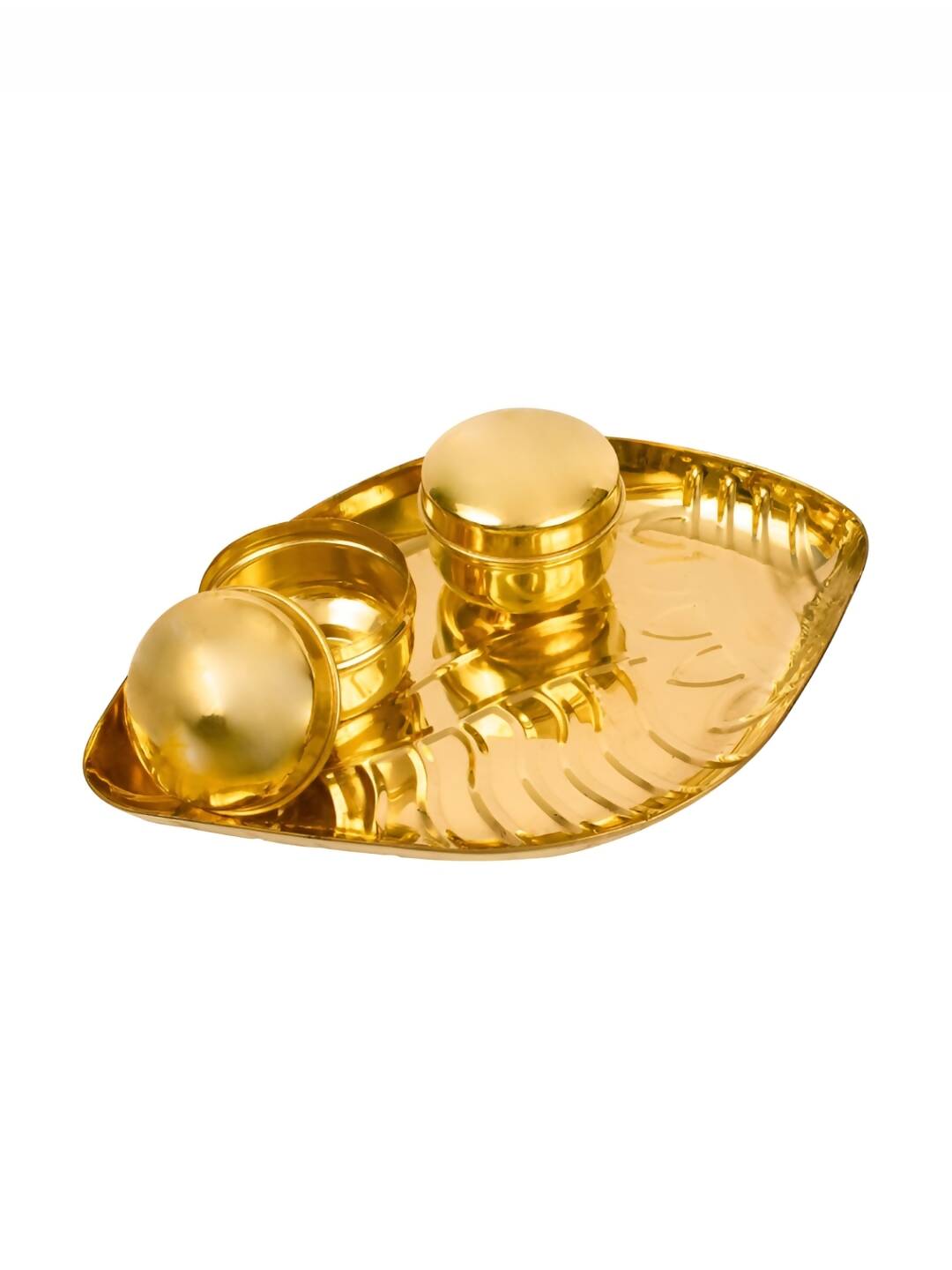 Spillbox Gold-toned Textured Brass Sangu Thali With 2 Pieces Bowl Pooja Essential - Distacart