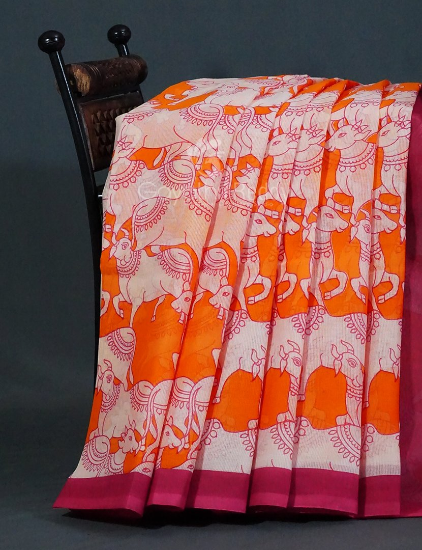 Shades of Orange And Pink With Pichwai Print Munga Cotton Saree By Gayathri Reddy Designer Studio - Distacart