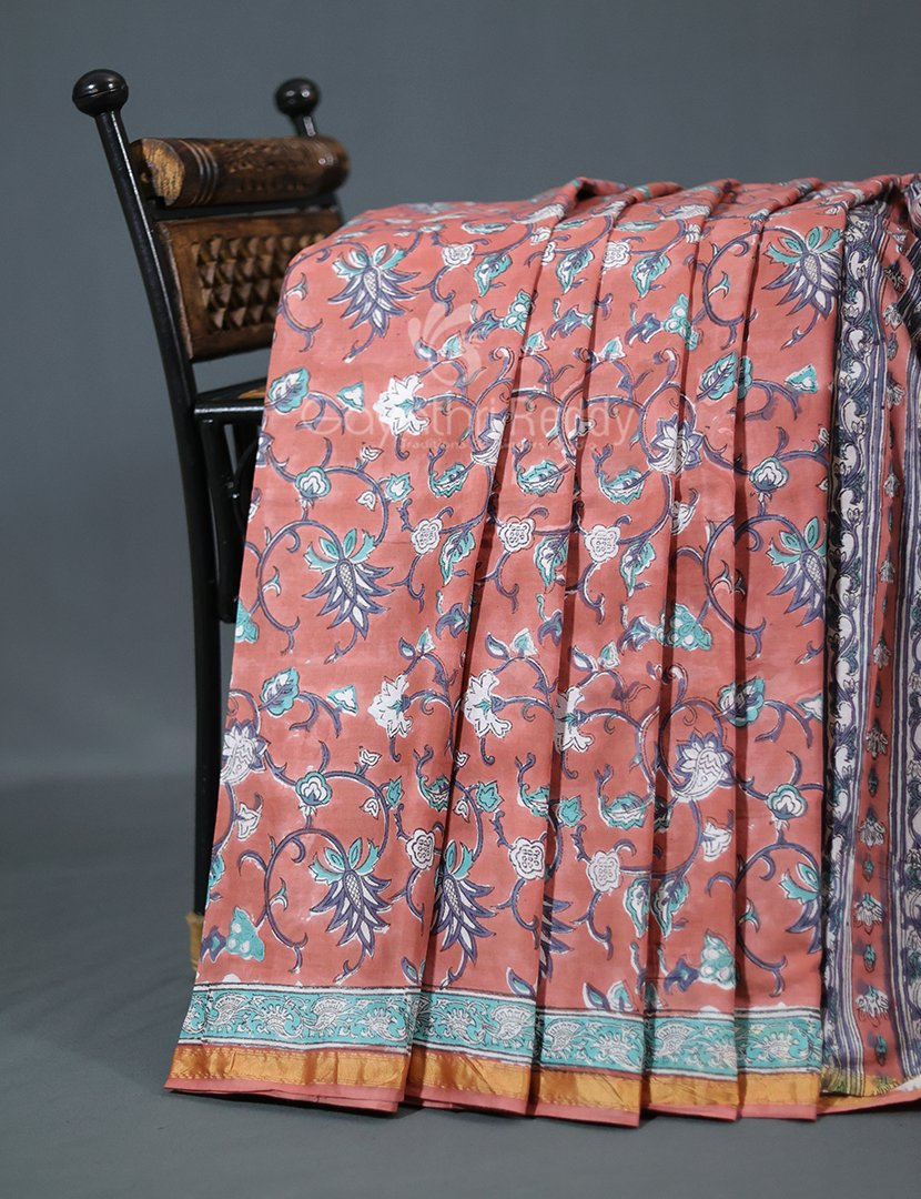 Pastel Chikoo Coloured Combination Printed Cotton Saree By Gayathri Reddy Designer Studio - Distacart