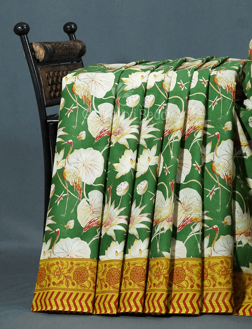 Block Print Mango Green Coloured Mulmul Cotton Saree By Gayathri Reddy Designer Studio - Distacart