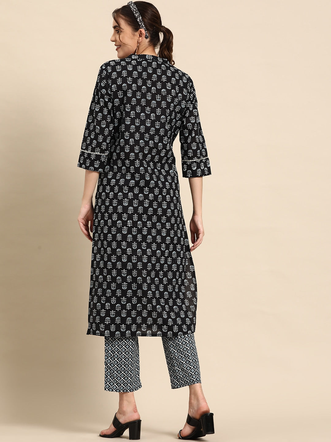 Sangria Ethnic Motifs Printed High Slit Gotta Patti Pure Cotton Kurta With Trousers - Distacart