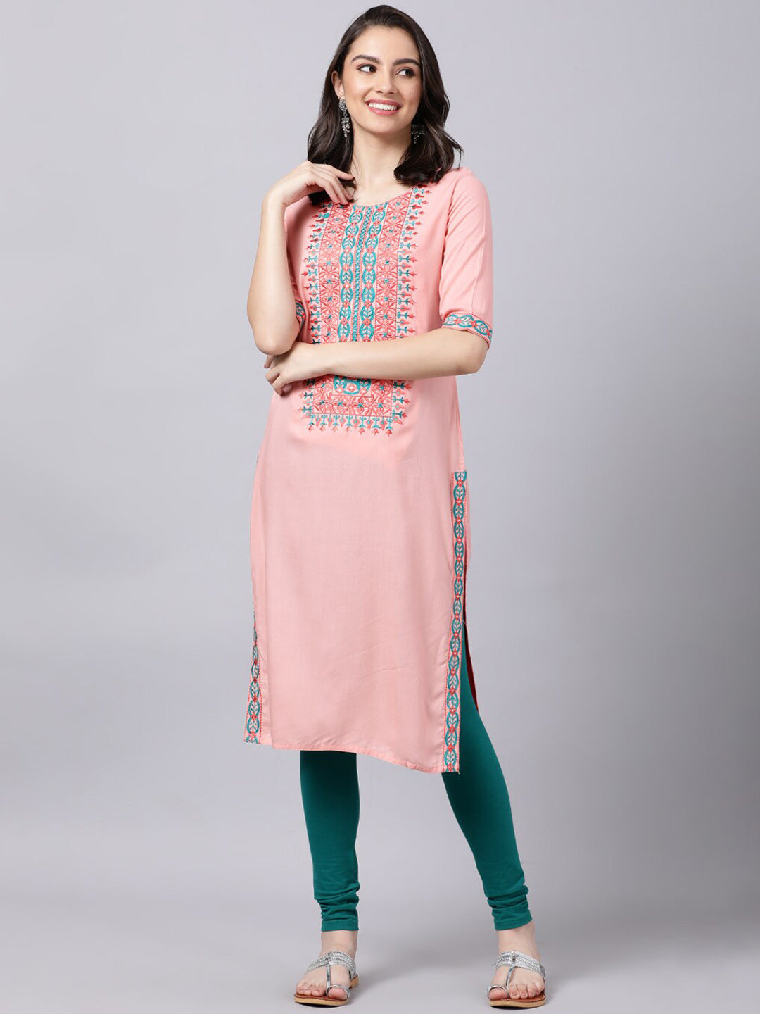 Souchii Women Peach-Coloured & Blue Ethnic Motifs Yoke Design Thread Work Pastels Kurta - Distacart