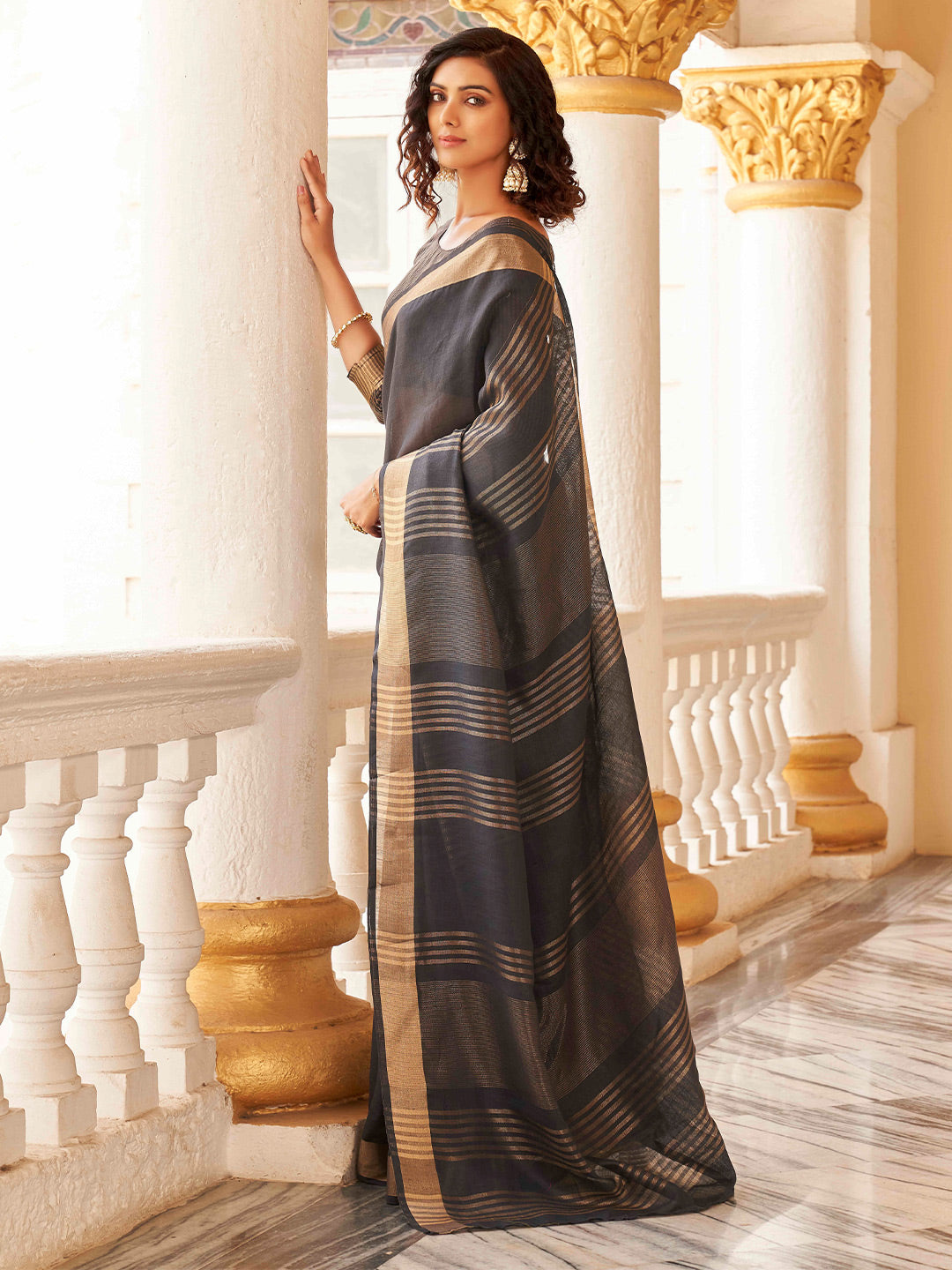 Tikhi Imli Charcoal & Gold-Toned Polycotton Zari Ready to Wear Saree - Distacart