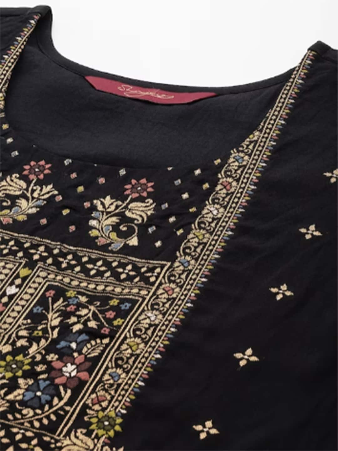 Sangria Women Black Floral Yoke Design Regular Kurta with Trousers & With Dupatta - Distacart