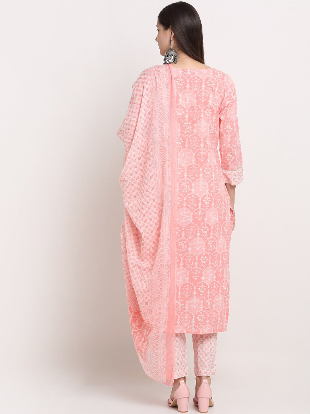 Kalini Women Peach-Coloured Yoke Design Pure Cotton Kurta with Trousers & Dupatta - Distacart
