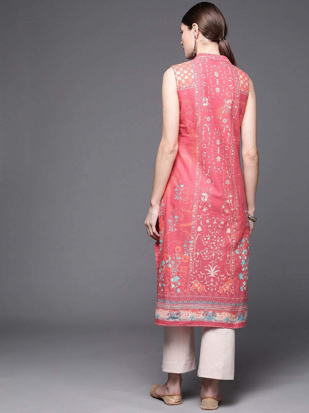 Biba Women Pink Pure Cotton Ethnic Motifs Printed V-Neck Sleeveless Kurta - Distacart
