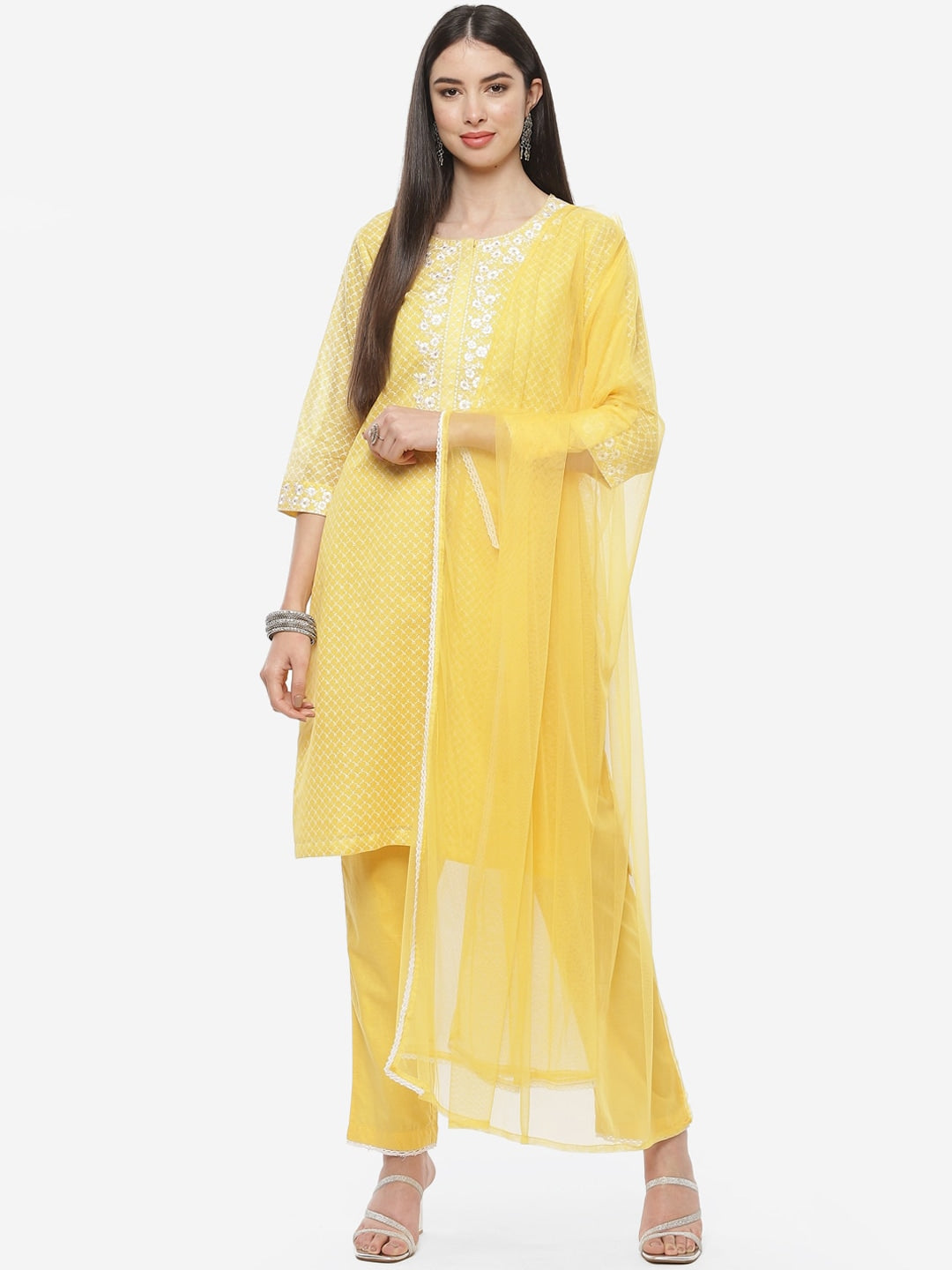 Biba Women Yellow Floral Embroidered Kurta With Trousers & Dupatta - Distacart