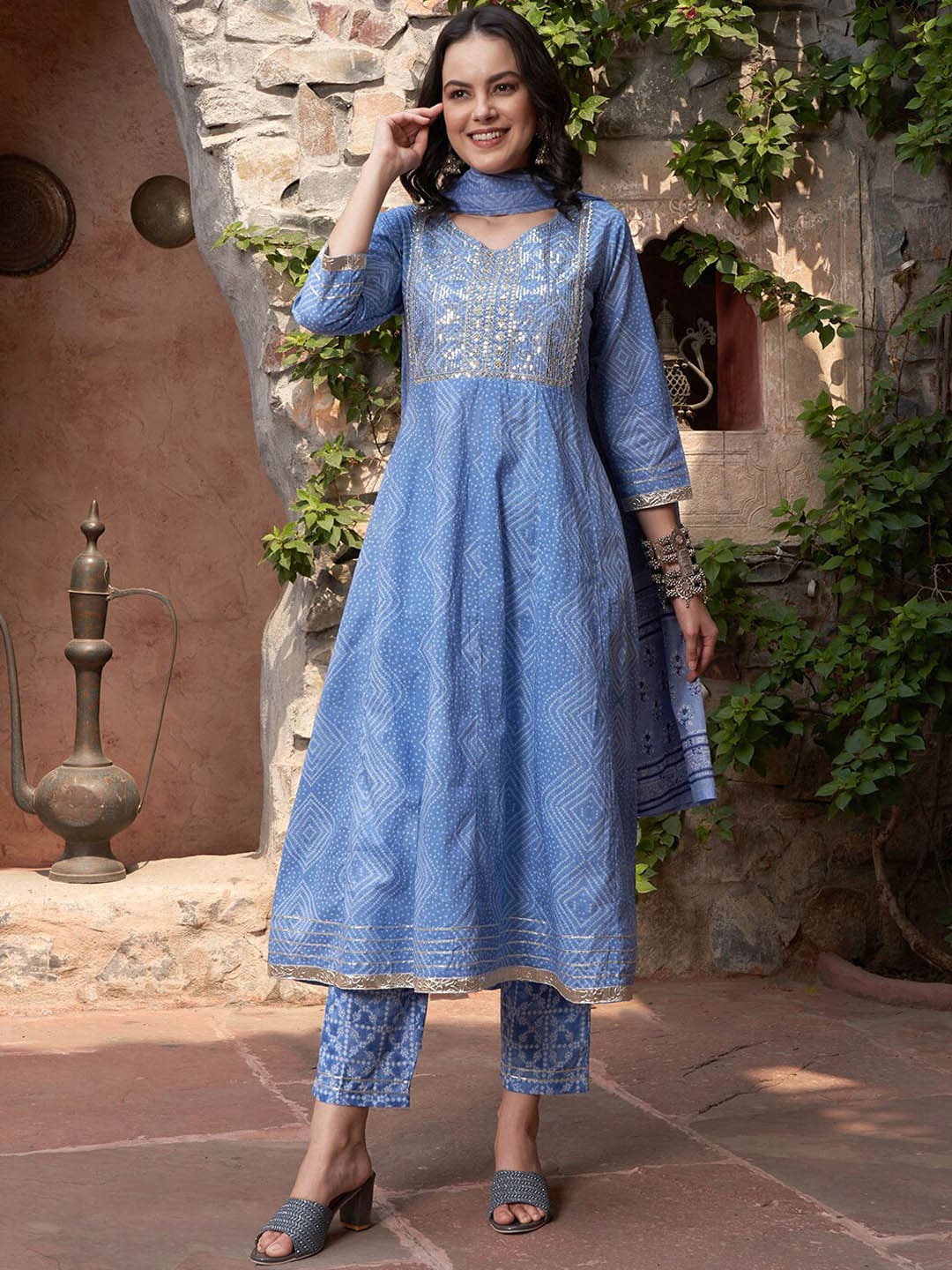 Sangria Blue Printed & Embroidered Pure Cotton A-Line Kurta With Trouser & Dupatta - Distacart