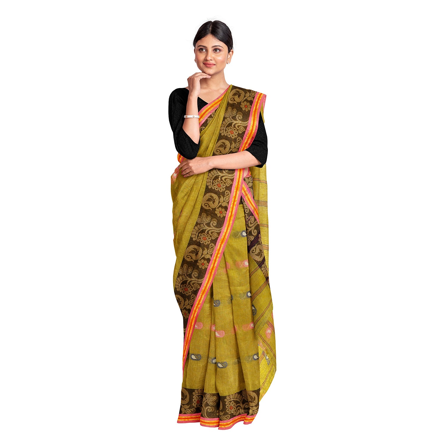 Exclusive Collection 100% Pure Cotton Olive Tant Saree With Hand Weaving Work - Distacart
